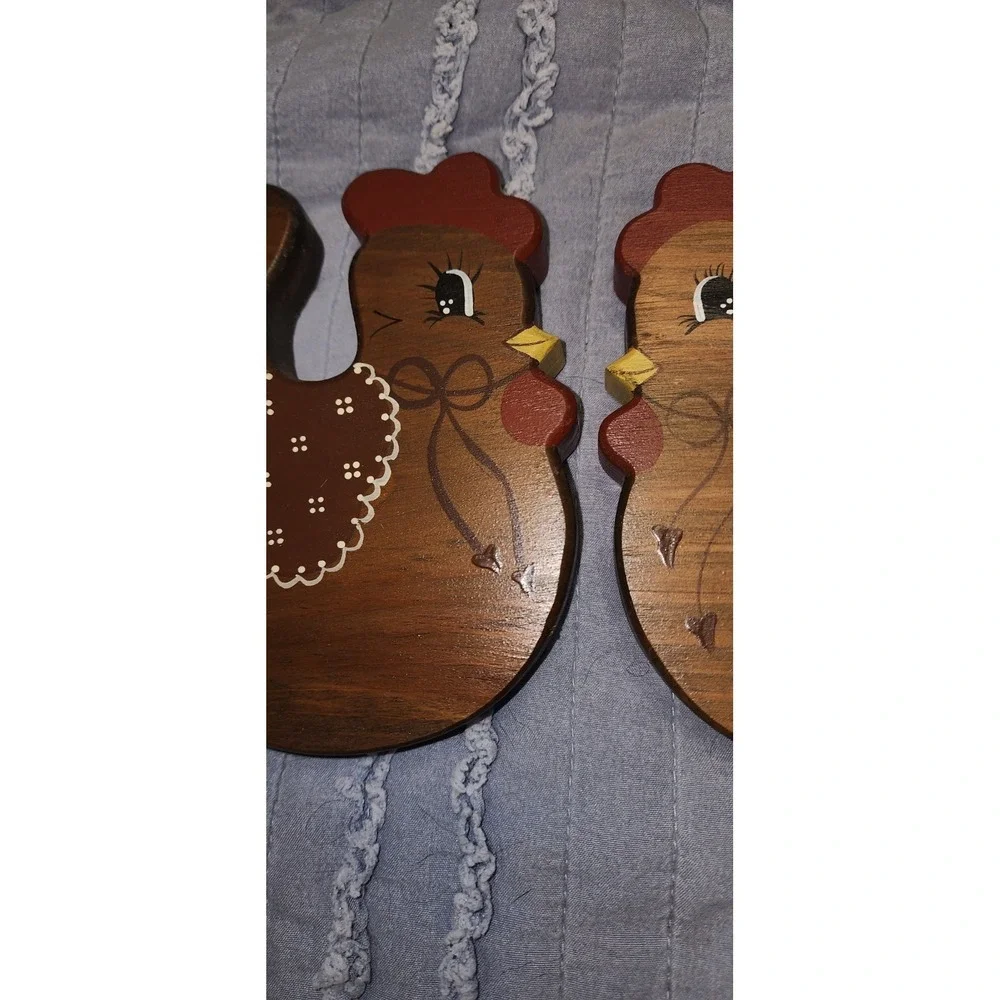 Vtg Country Primitive Handmade Wood Hen Chicken Wall Plaque Pair Of Cottagecore